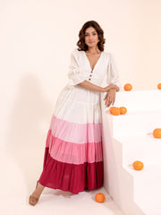 Rosie - White Pink Ombre Cotton Tiered Maxi Dress