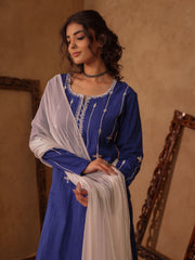 Royal Blue Mirror Work Cotton Kurta Set