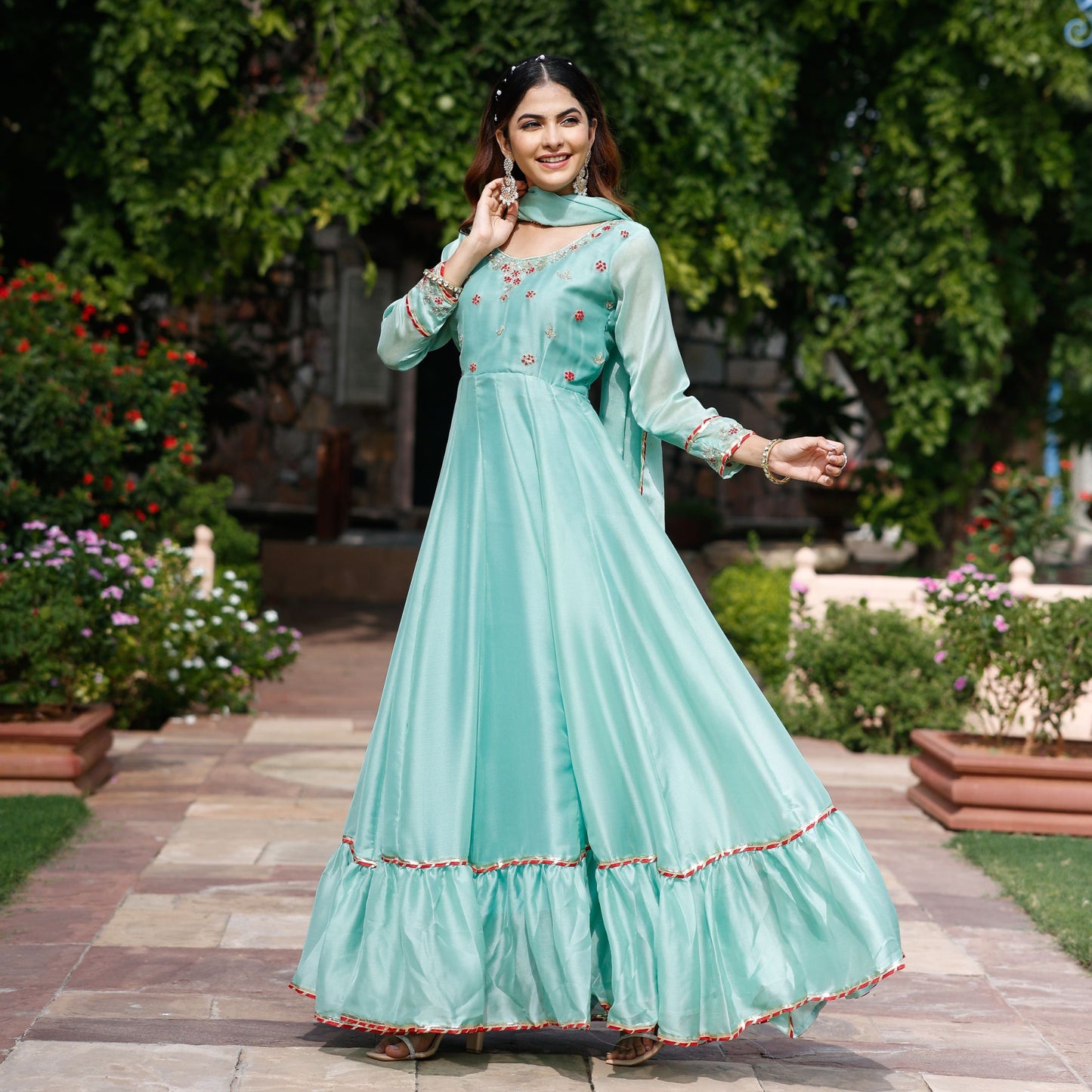 Blue Zardozi Work Chiffon Anarkali Suit Set