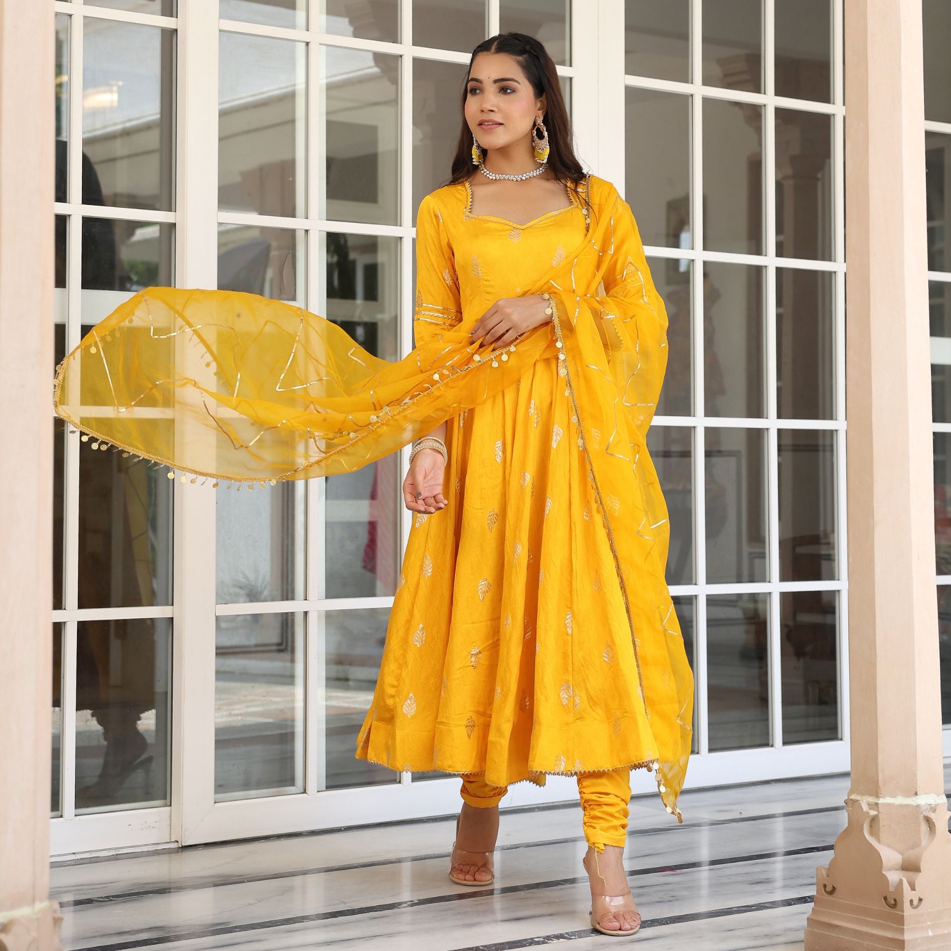 Yellow Chanderi Jacquard Anarkali Suit Set