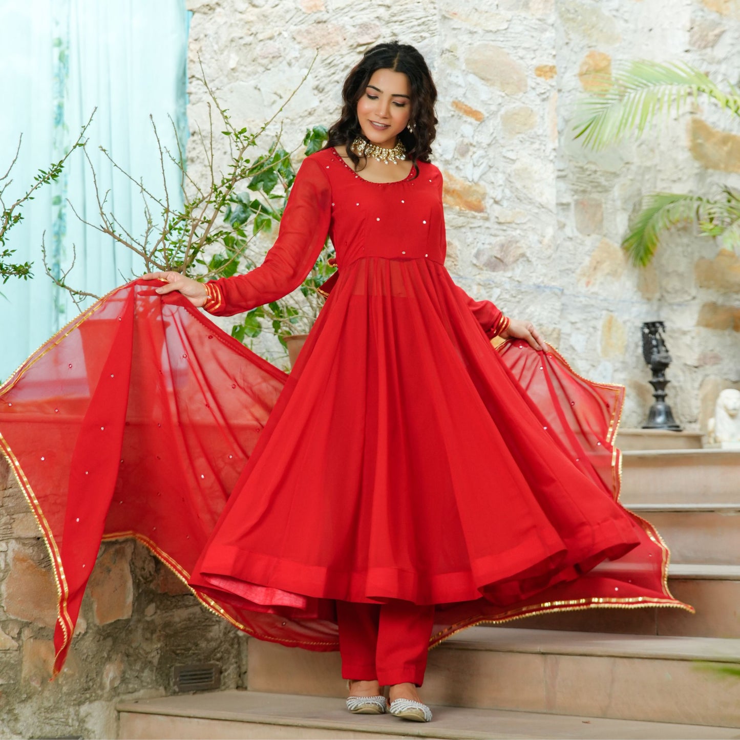 Laal Mirror Work Anarkali Suit Set