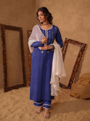 Royal Blue Mirror Work Cotton Kurta Set