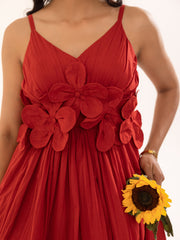 Scarlett - Red Cotton Midi Dress with Floral Detail