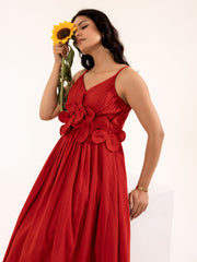 Scarlett - Red Cotton Midi Dress with Floral Detail