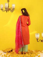 Ruksaar Orange Jacquard Suit Set