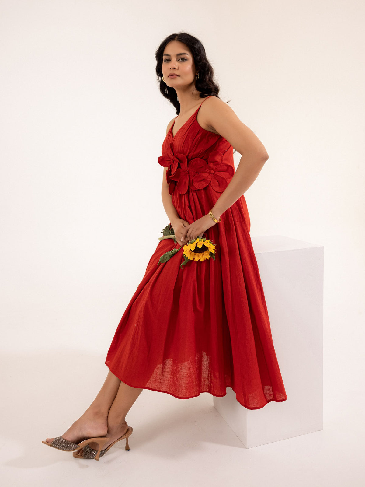 Scarlett - Red Cotton Midi Dress with Floral Detail