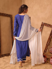 Royal Blue Mirror Work Cotton Kurta Set