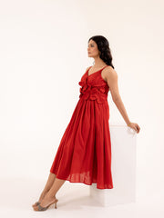 Scarlett - Red Cotton Midi Dress with Floral Detail
