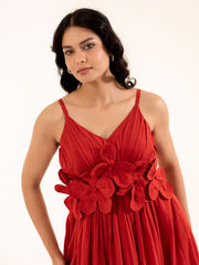 Scarlett - Red Cotton Midi Dress with Floral Detail