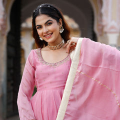 Flamingo Pink Zardozi Work Chiffon Anarkali Suit Set