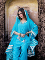 Parinda Blue Mul Chanderi Hand Embroidered Farsi Set