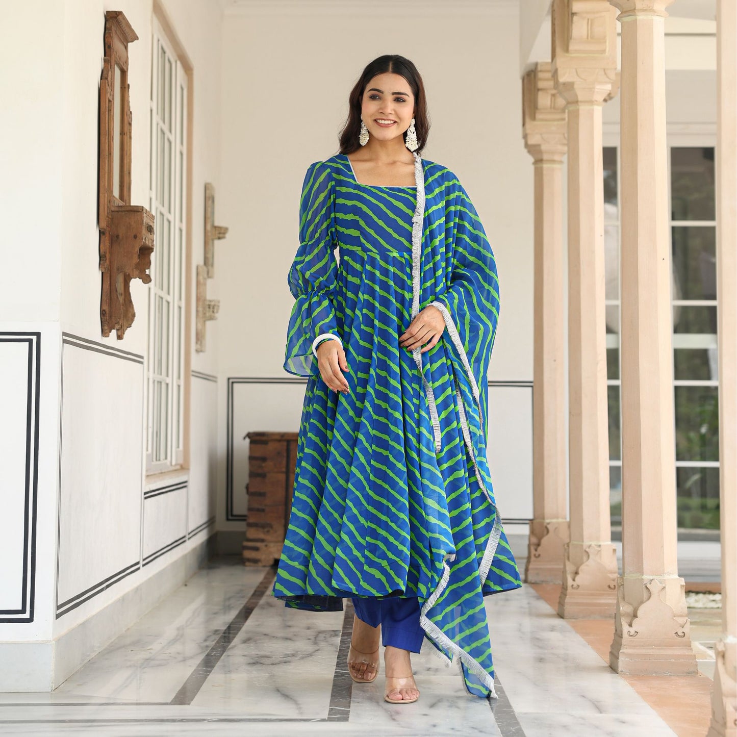 Blue Lehriya Anarkali Suit Set