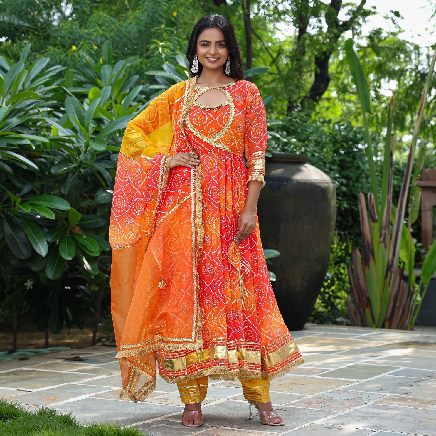 Prisha Orange Ombre Bandhani Anrkali Suit Set