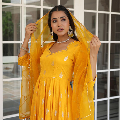 Yellow Chanderi Jacquard Anarkali Suit Set