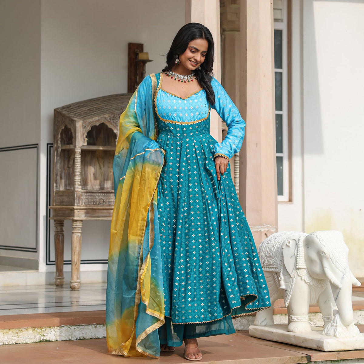 Seagreen Chanderi Jacquard Anarkali Suit Set