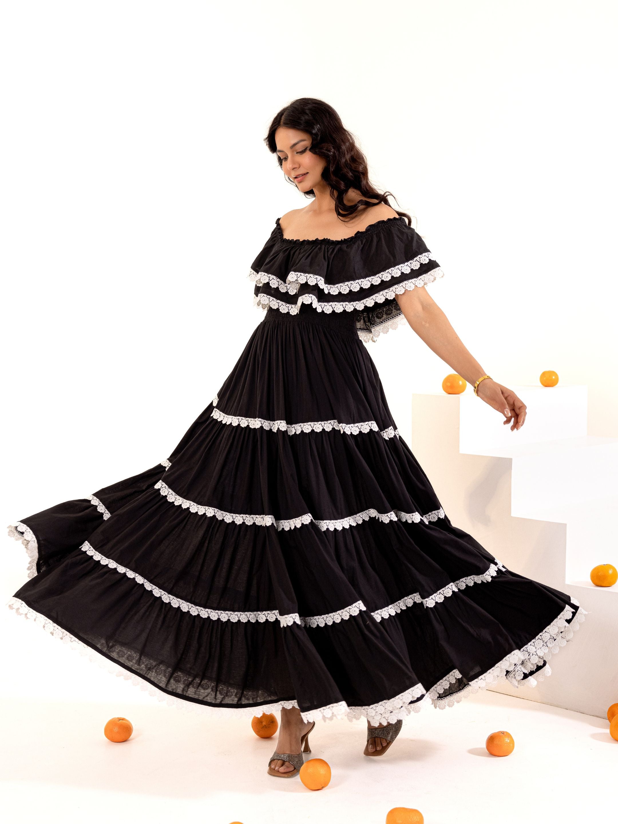 Black Off-Shoulder Cotton Maxi Dress | White Lace Trim Gown ASHEERA Black Off-Shoulder Cotton Maxi Dress | White Lace Trim Gown ASHEERA