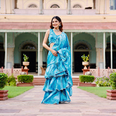 Aasma Blue Tie Dye Satin Silk Draped Saree with blouse