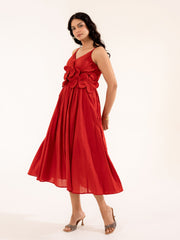 Scarlett - Red Cotton Midi Dress with Floral Detail