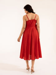Scarlett - Red Cotton Midi Dress with Floral Detail