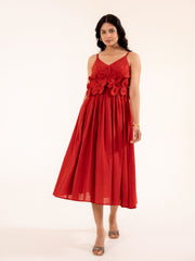Scarlett - Red Cotton Midi Dress with Floral Detail