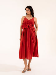 Scarlett - Red Cotton Midi Dress with Floral Detail