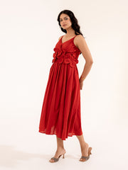 Scarlett - Red Cotton Midi Dress with Floral Detail