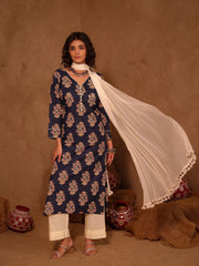 kashish Blue Floral Boota Print Cotton Kurta Set