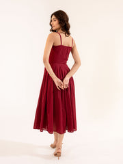 Ruby - Burgundy Cotton Midi Dress with Rosette Detail