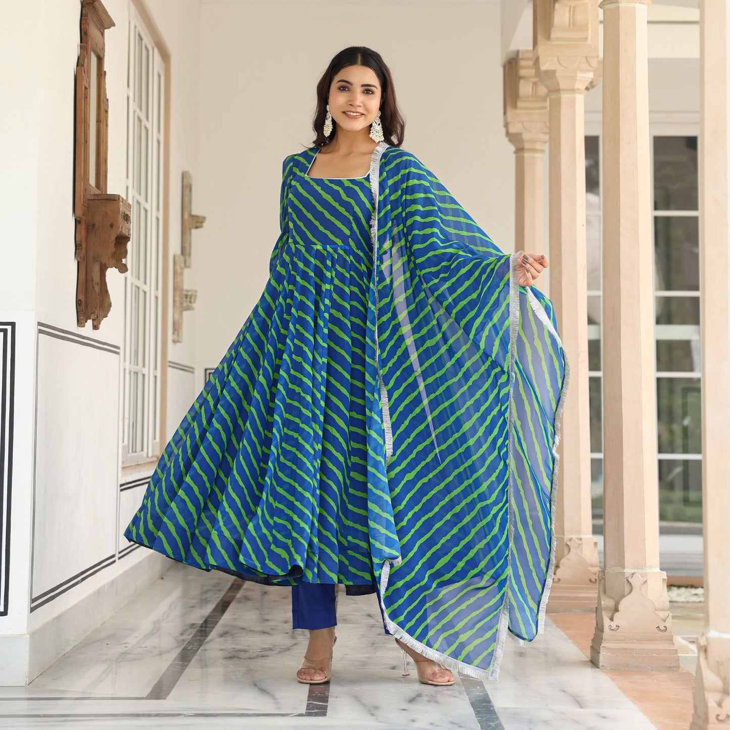 Blue Lehriya Anarkali Suit Set