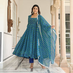 Blue Lehriya Anarkali Suit Set