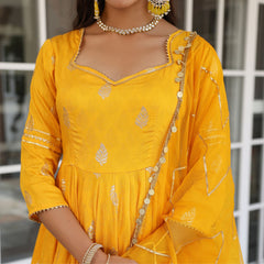 Yellow Chanderi Jacquard Anarkali Suit Set