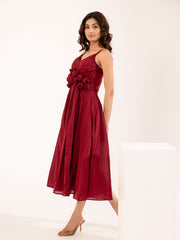 Ruby - Burgundy Cotton Midi Dress with Rosette Detail