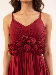 Ruby - Burgundy Cotton Midi Dress with Rosette Detail