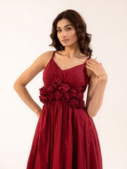 Ruby - Burgundy Cotton Midi Dress with Rosette Detail