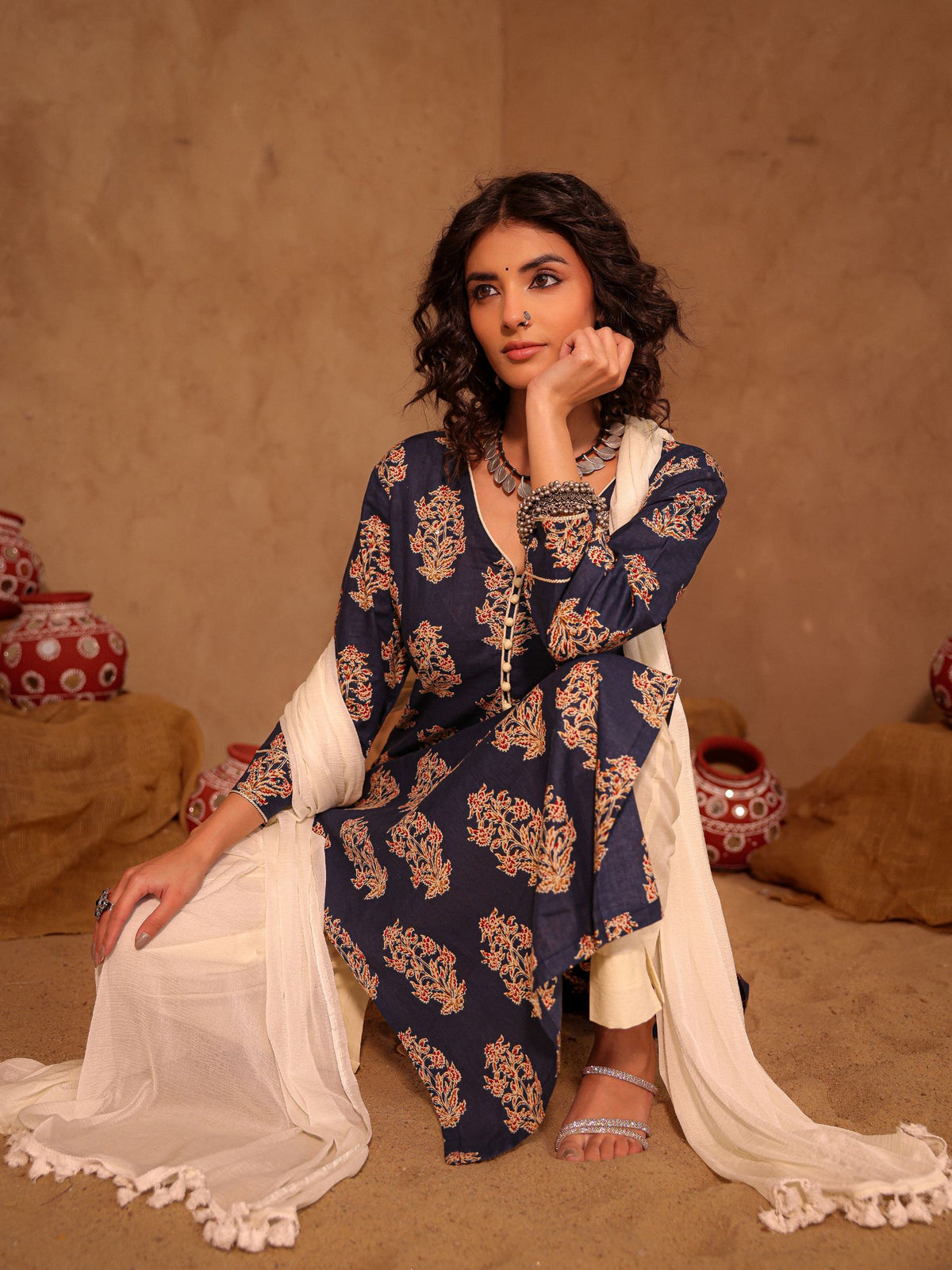 kashish Blue Floral Boota Print Cotton Kurta Set