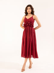 Ruby - Burgundy Cotton Midi Dress with Rosette Detail