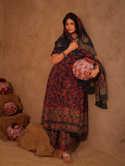 Black & Red Ajrakh Hand Block Cotton A-Line Kurta Set