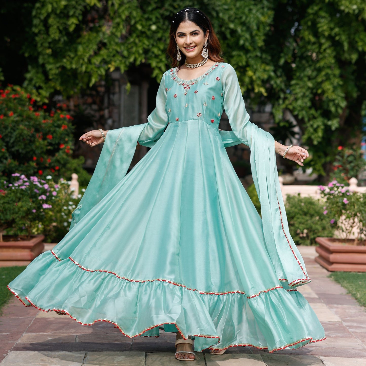 Blue Zardozi Work Chiffon Anarkali Suit Set