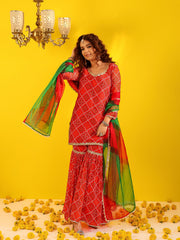 Red Bandhani Sequin Lace Work Sharara Set