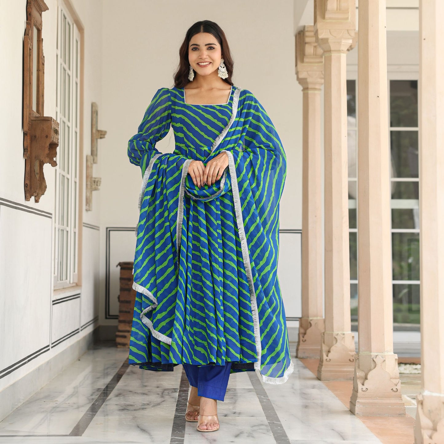 Blue Lehriya Anarkali Suit Set