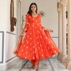 Orange Chanderi Jacquard Anarkali Suit Set