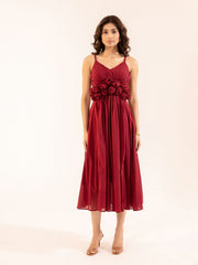 Ruby - Burgundy Cotton Midi Dress with Rosette Detail