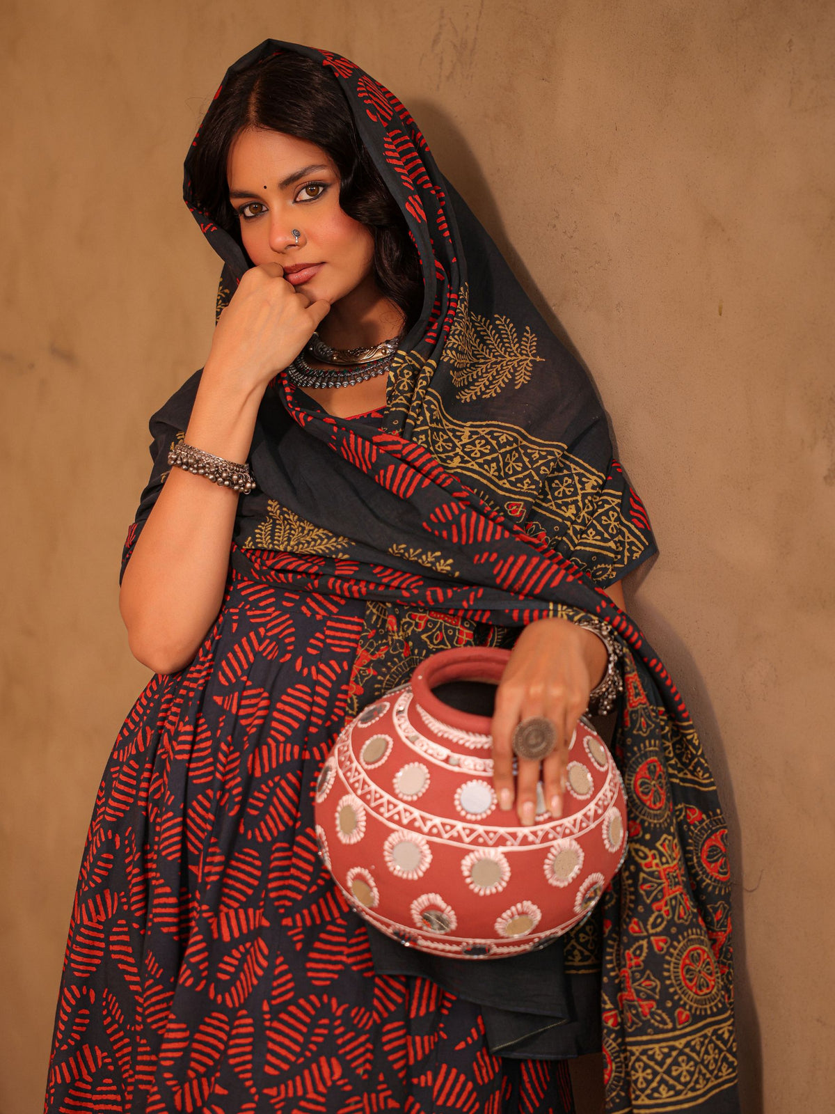 Black & Red Ajrakh Hand Block Cotton A-Line Kurta Set