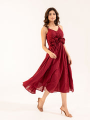 Ruby - Burgundy Cotton Midi Dress with Rosette Detail