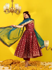 Wine Jacquard Anarkali Suit Set