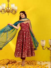 Wine Jacquard Anarkali Suit Set