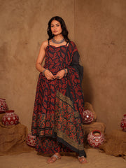 Black & Red Ajrakh Hand Block Cotton A-Line Kurta Set