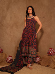 Black & Red Ajrakh Hand Block Cotton A-Line Kurta Set