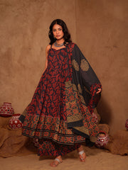Black & Red Ajrakh Hand Block Cotton A-Line Kurta Set