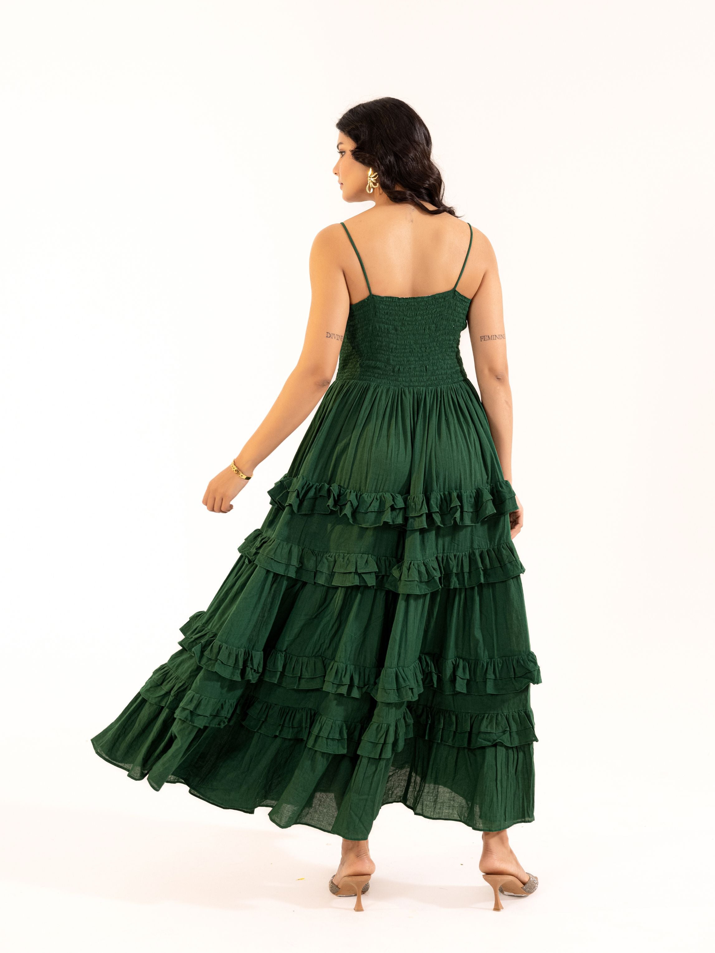 Emerald Green Cotton Tiered Ruffle Maxi Dress for Women | ASHEERA Emerald Green Cotton Tiered Ruffle Maxi Dress for Women | ASHEERA